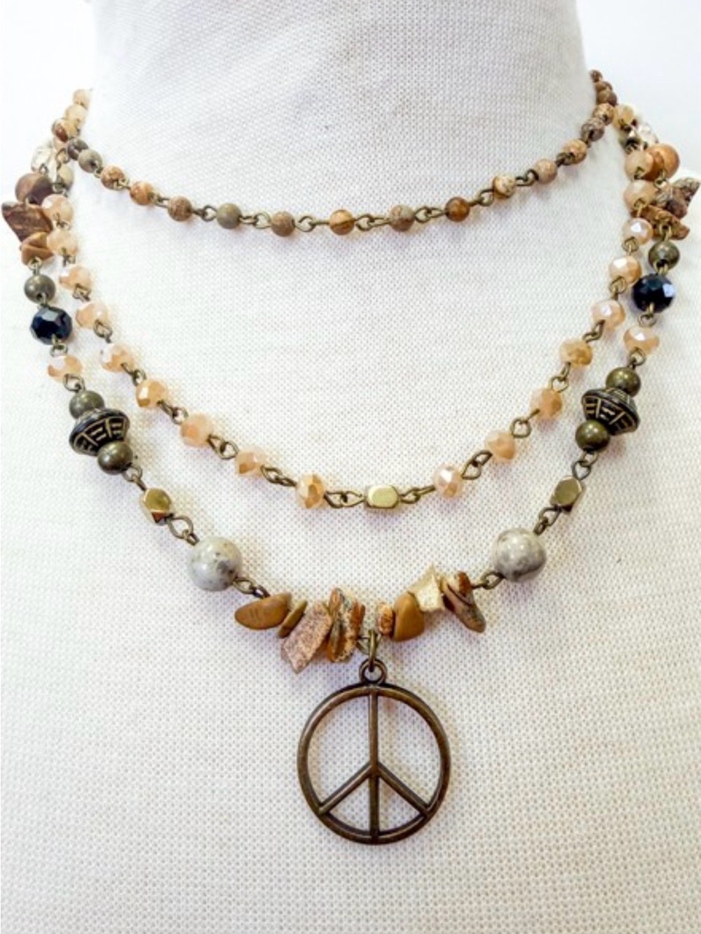 Dylan Jewelry Boho Peace Sign Layered Necklace in Brown and Gold